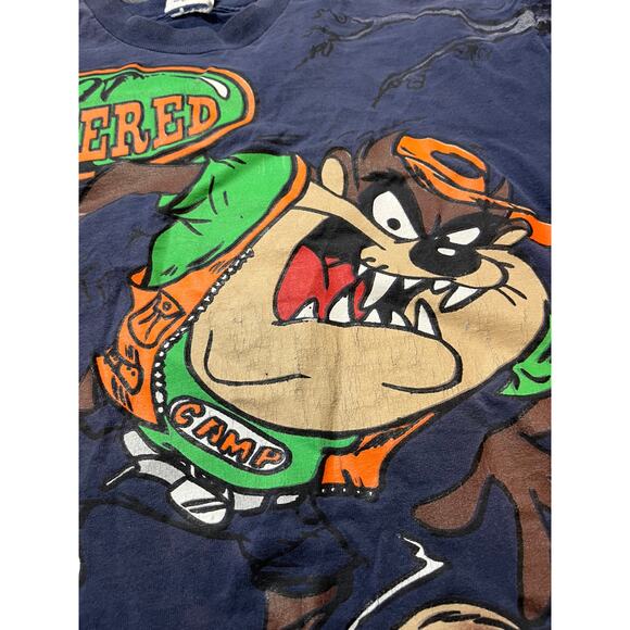 Vtg 90s Looney Tunes TAZ Tasmanian Devil Camping Hunting Hot Tempered T-shirt L - Picture 4 of 13